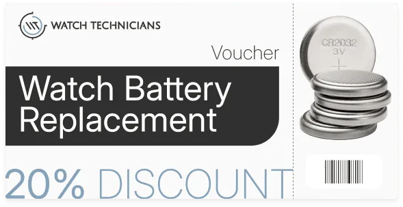 Voucher for Watch Technicians offering 20% discount on watch battery replacement, featuring watch batteries and brand logo.