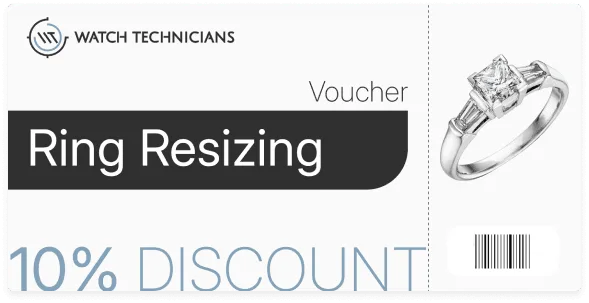 Voucher for 10% discount on ring resizing services from Watch Technicians, featuring a diamond ring illustration.