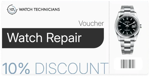 Voucher for Watch Technicians offering 10% discount on watch repair services, featuring a sleek watch image and brand logo.
