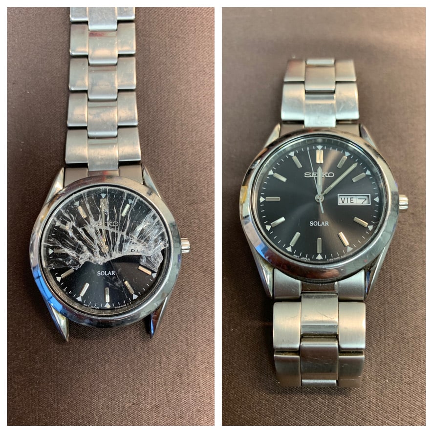 Seiko Solar Watch Crystal Replacement Before And After - Shattered Crystal Repaired To Like-New Condition