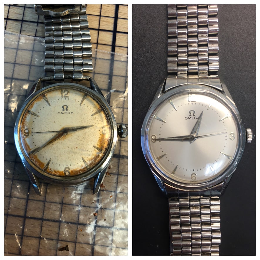 Vintage Omega Watch Dial Restoration Before And After - Aged Patina Professionally Cleaned And Restored