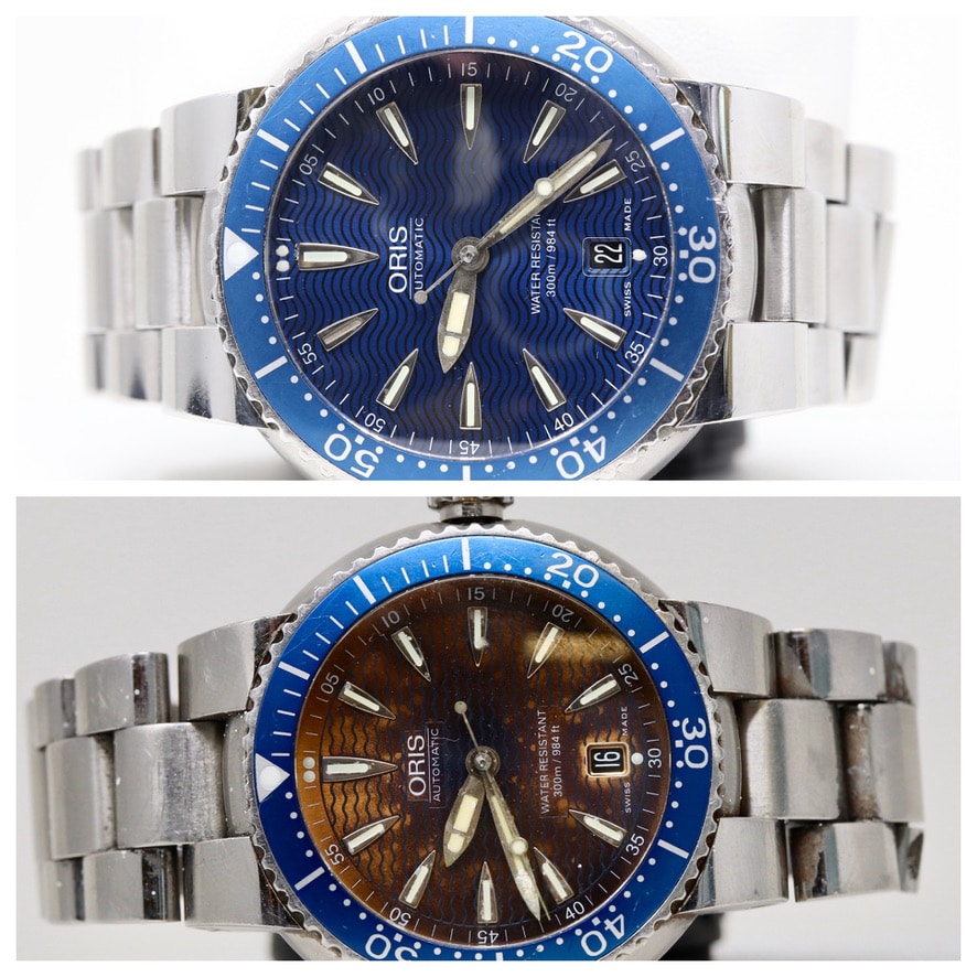 Before And After Comparison Of An Oris Automatic Dive Watch Rated 300 Meters — Top Shows The Pristine Blue Wave Dial, Bottom Shows Severe Brown Discoloration And Corrosion Across The Dial Caused By Water Intrusion Through Failed Seals