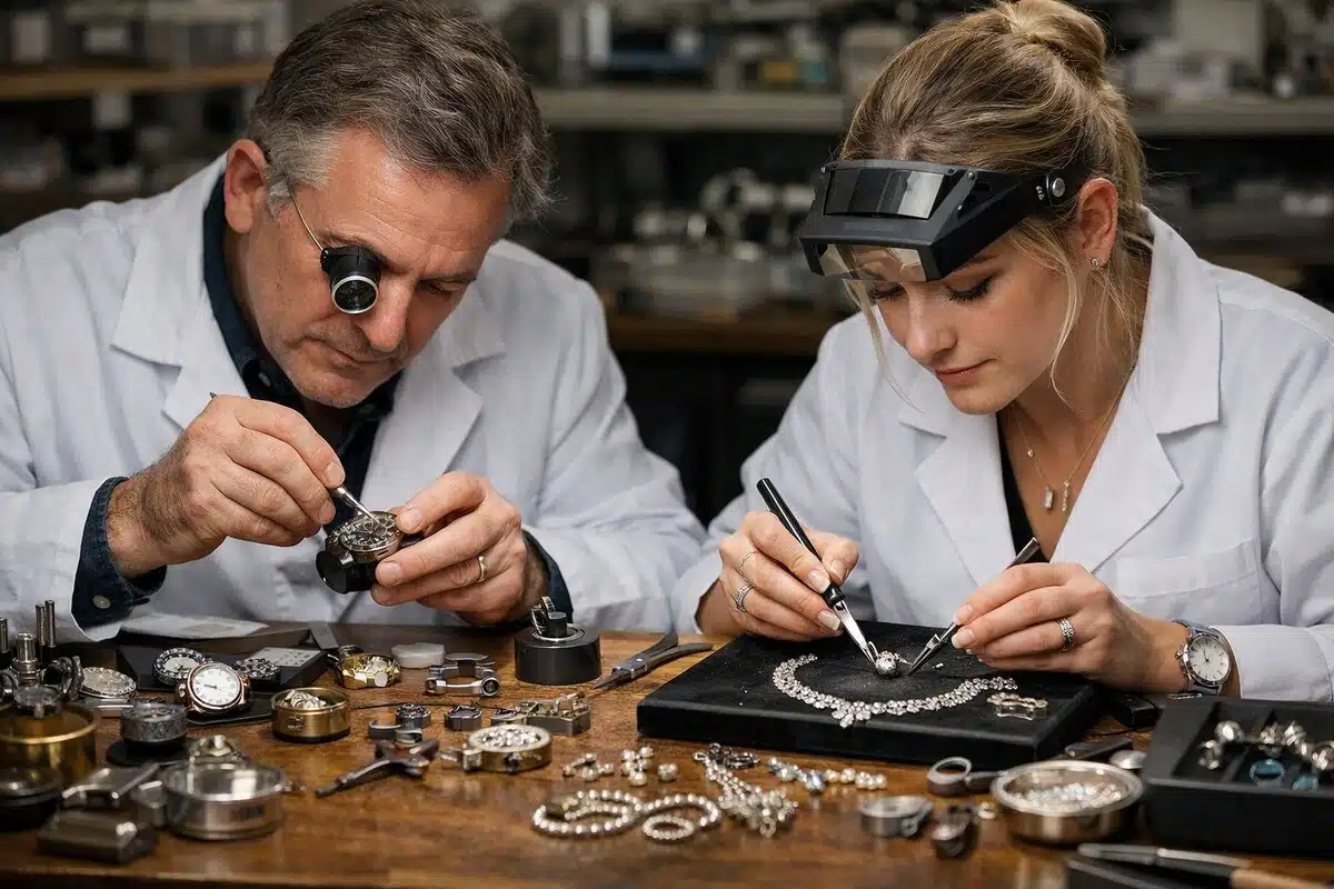 Expert watchmaker and jeweler performing in-house watch and jewelry repairs at a St. Louis repair workshop