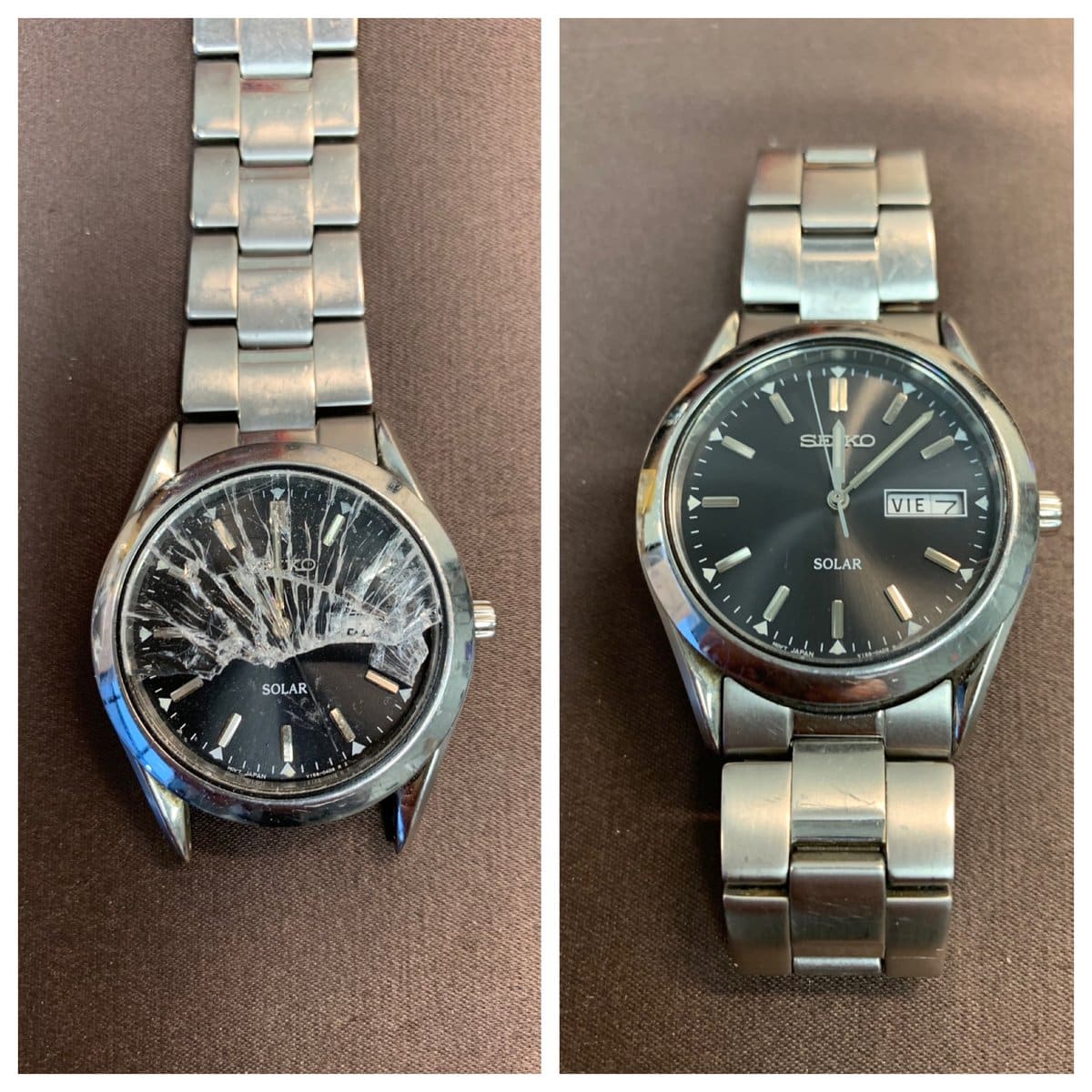 Seiko Solar Watch With Shattered Crystal Before And After Crystal Replacement — Watch Technicians St. Louis