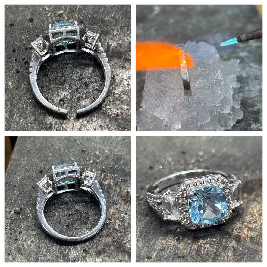 Blue Topaz Engagement Ring Undergoing Precision Soldering And Stone Setting At Jeweler'S Bench, Before And After Restoration To Brilliant Finish