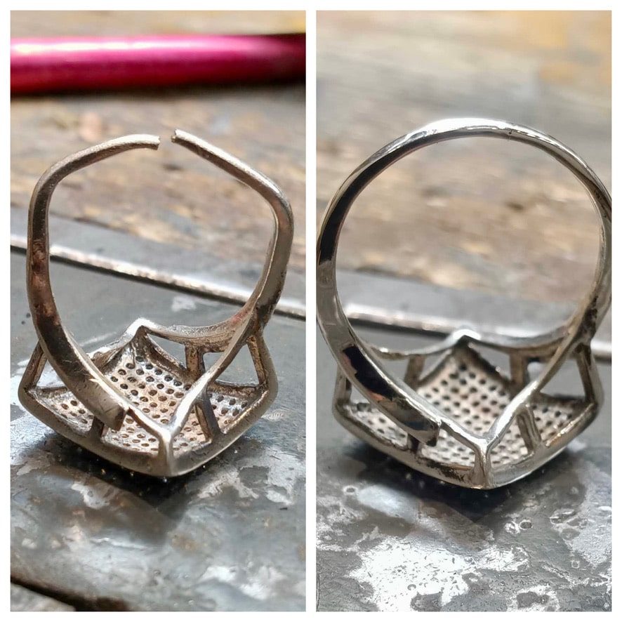Ornate Filigree Diamond Ring Before And After Professional Polishing And Restoration — Oxidized Finish Restored To Brilliant Mirror-Like Shine